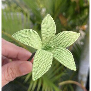 Tahiti Flower Hair Pick Green Raffia Coconut Leaf Wire Rito 4” Hawaii